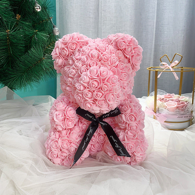 Gifts for Women - Rose Bear - Rose Flower Bear Hand Made Rose Teddy Bear - Gift for Valentines Day;  Mothers Day;  Wedding and Anniversary & Bridal Showers - w/Clear Clear Gift Box 10 Inch (Red)