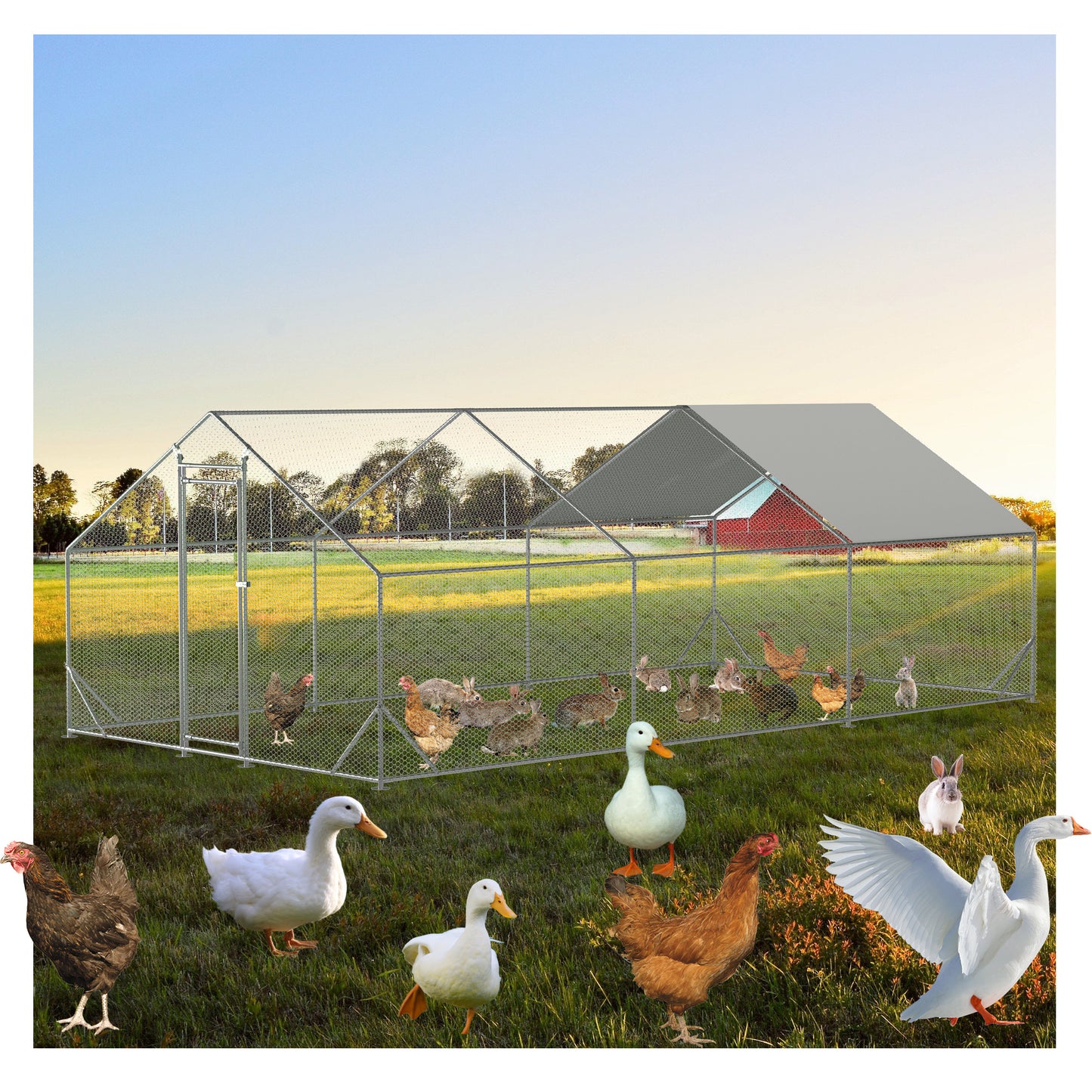 Outdoor Large Metal Chicken Run Coop with 1 piece of Waterproof Cover, Garden Backyard Walk-in Hen Cage Poultry Pet Hutch for Farm Use