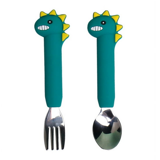AWINNER Fork and Spoon Carnoon Set Baby Stainless Children Safe Utensil Set No BPA Spoons Flatware For Kids and Toddler - Long Green