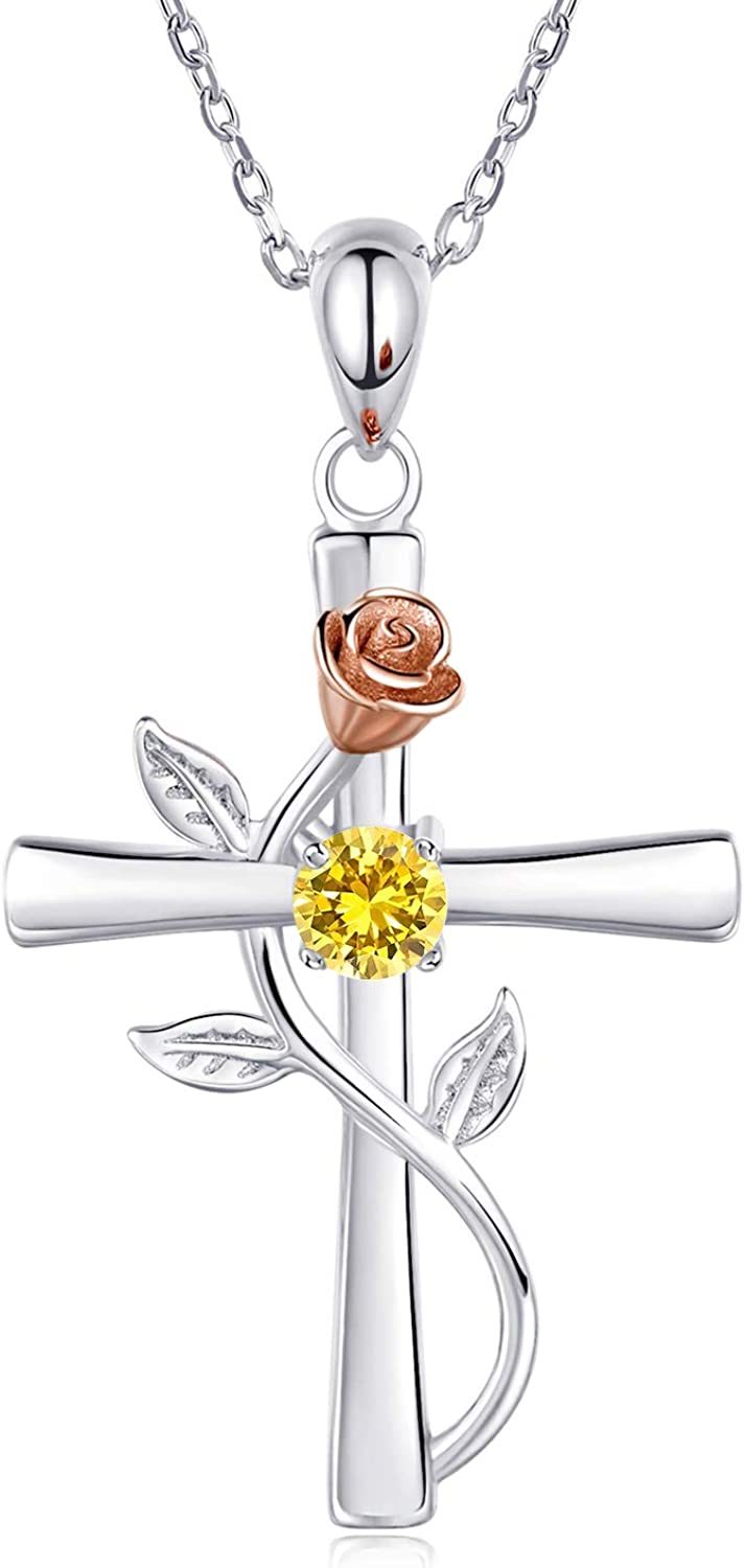 Necklace for Women 925 Sterling Silver Birthstone Necklace Rose Cross Pendant 5A Cubic Zirconia