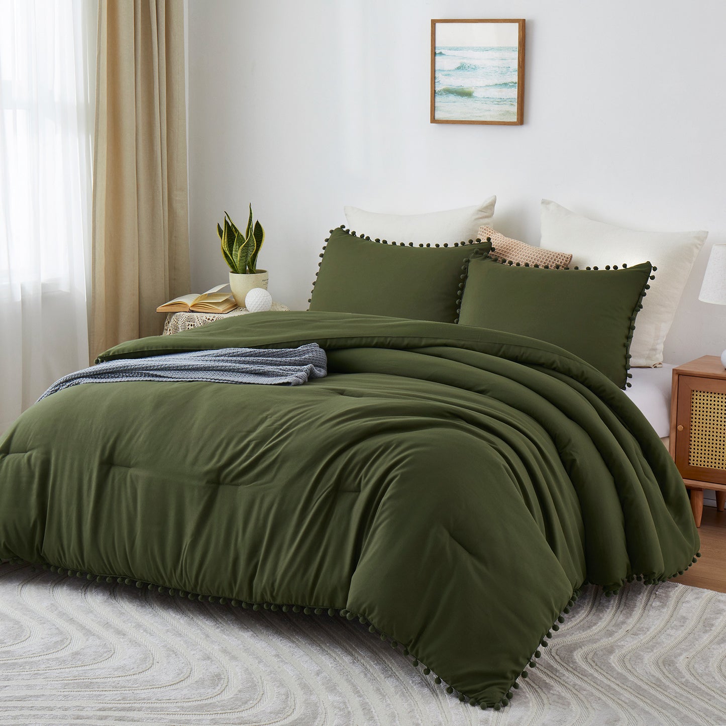 Boho Comforter Set, Boho Bedding set with Pom Poms Fringe Design, 1 Aesthetic Comforter and 2 Pillowshams