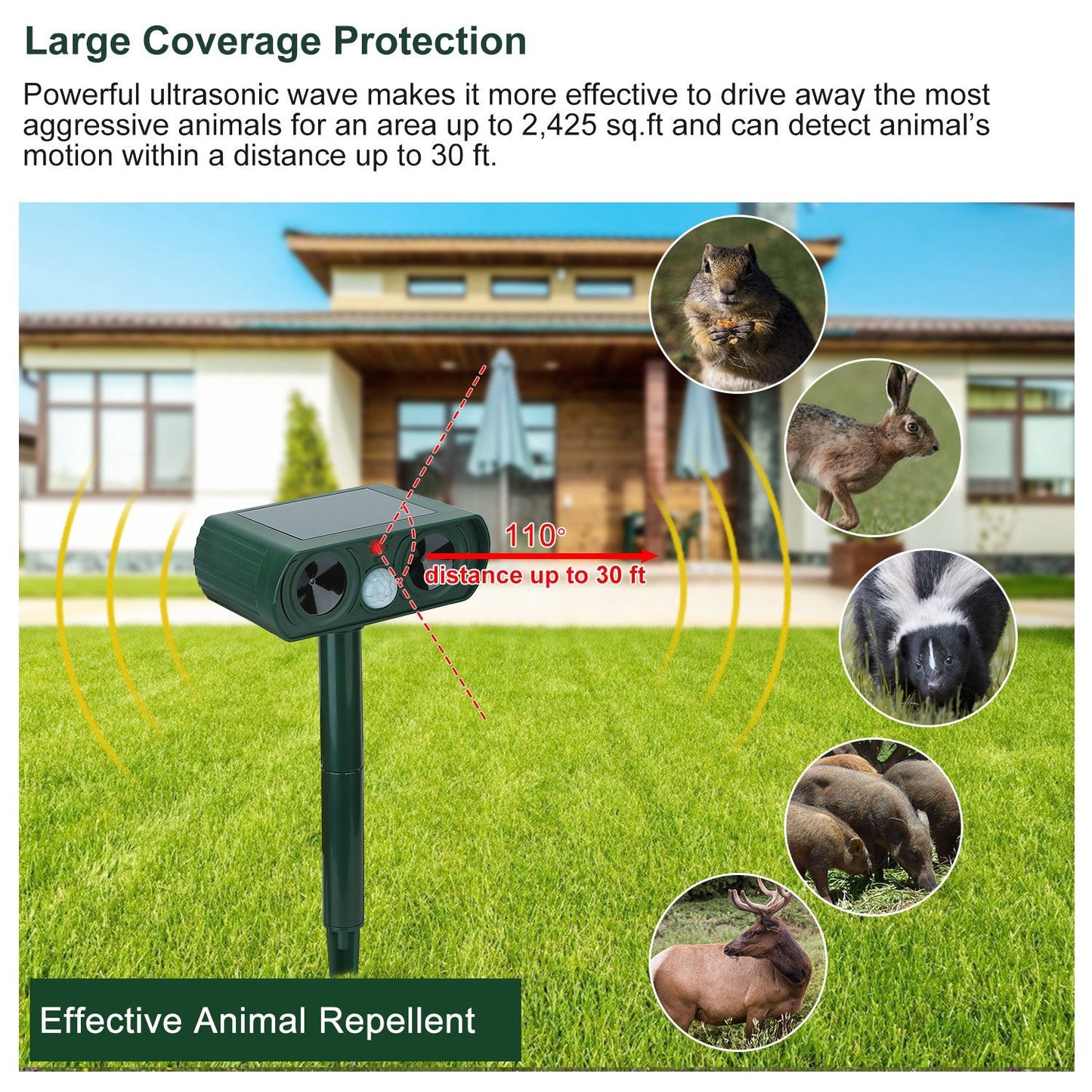 Ultrasonic Animal Repeller Solar Powered Motion Sensor Repellent IPX4 Waterproof Outdoor For Farm Garden Yard Repelling Deer Raccoon Cat Dog Rabbit Squirrel Bird