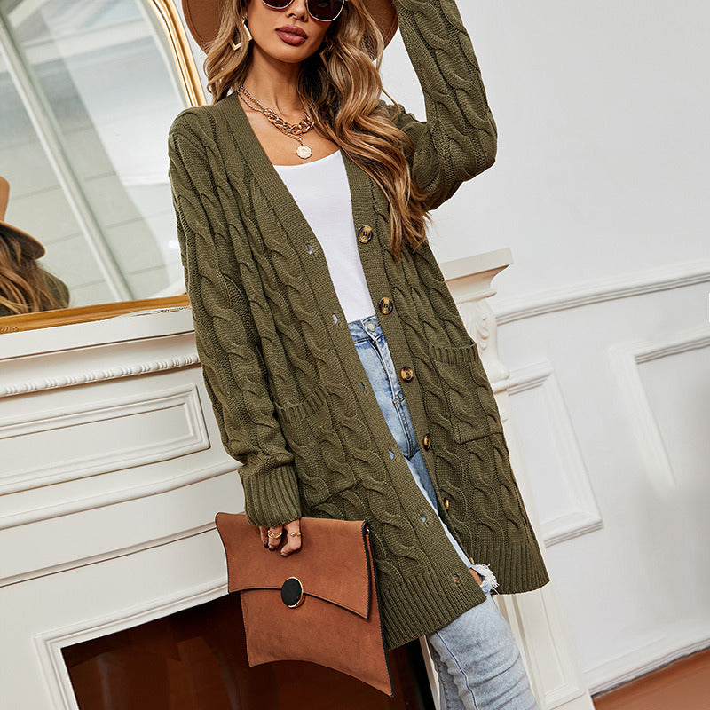 Women girl 2022 New Knit Cardigan Sweater Pocket Twist Rib Long Casual Loose Top  Solid Color Button up Spring Autumn Winter coat High Quality