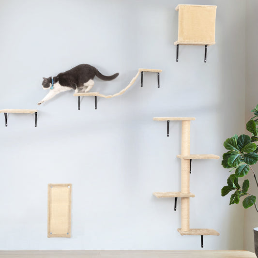 5 Pcs Wall Mounted Cat Climber Set;  Floating Cat Shelves and Perches;  Cat Activity Tree with Scratching Posts;  Modern Cat Furniture