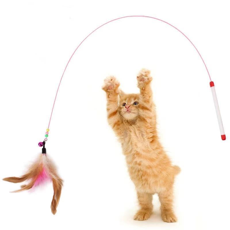1 Piece Feathers Cat Teaser Cute Design Bell Steel Wire Cat Toys Interactive Cat Tickle Stick Plastic Handle Pet Products