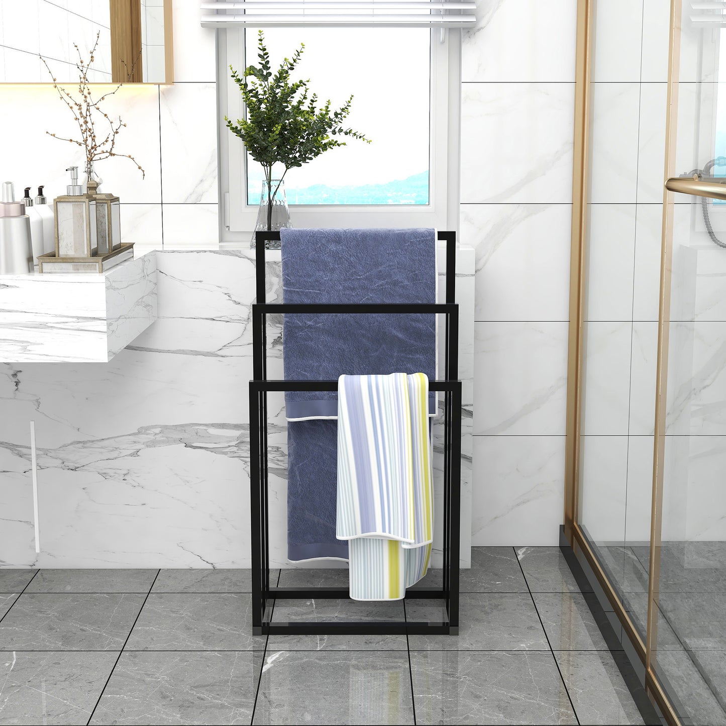 Metal Freestanding Towel Rack 3 Tiers Hand Towel Holder Organizer for Bathroom Accessories;  Black
